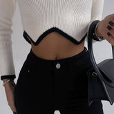 Asymmetric White Contrast Trim Turtleneck Rib Knit Cropped Sweater